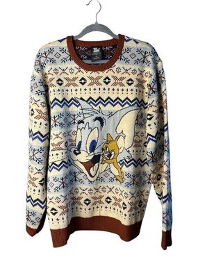 Tom and Jerry Men's Cream and Brown Cartoon Character Christmas Sweater Size XL